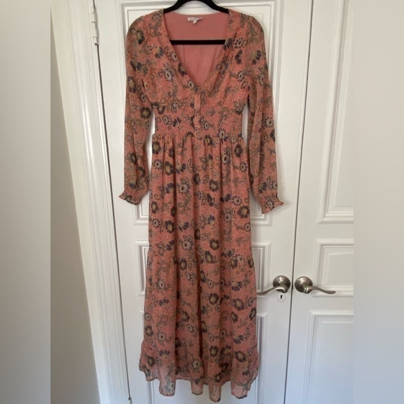 Patrons of Peace Peach Pink Navy Floral Longsleeve Maxi Dress Smock Button Front - Picture 4 of 14